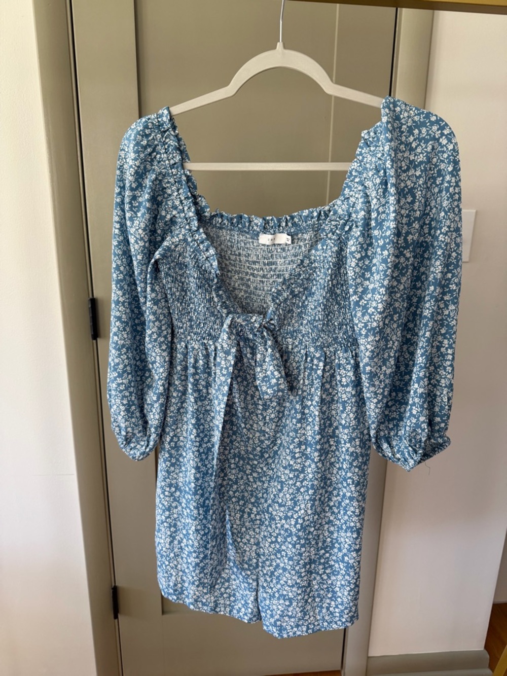 Lush Blue Floral Smocked Romper with Puff Sleeves